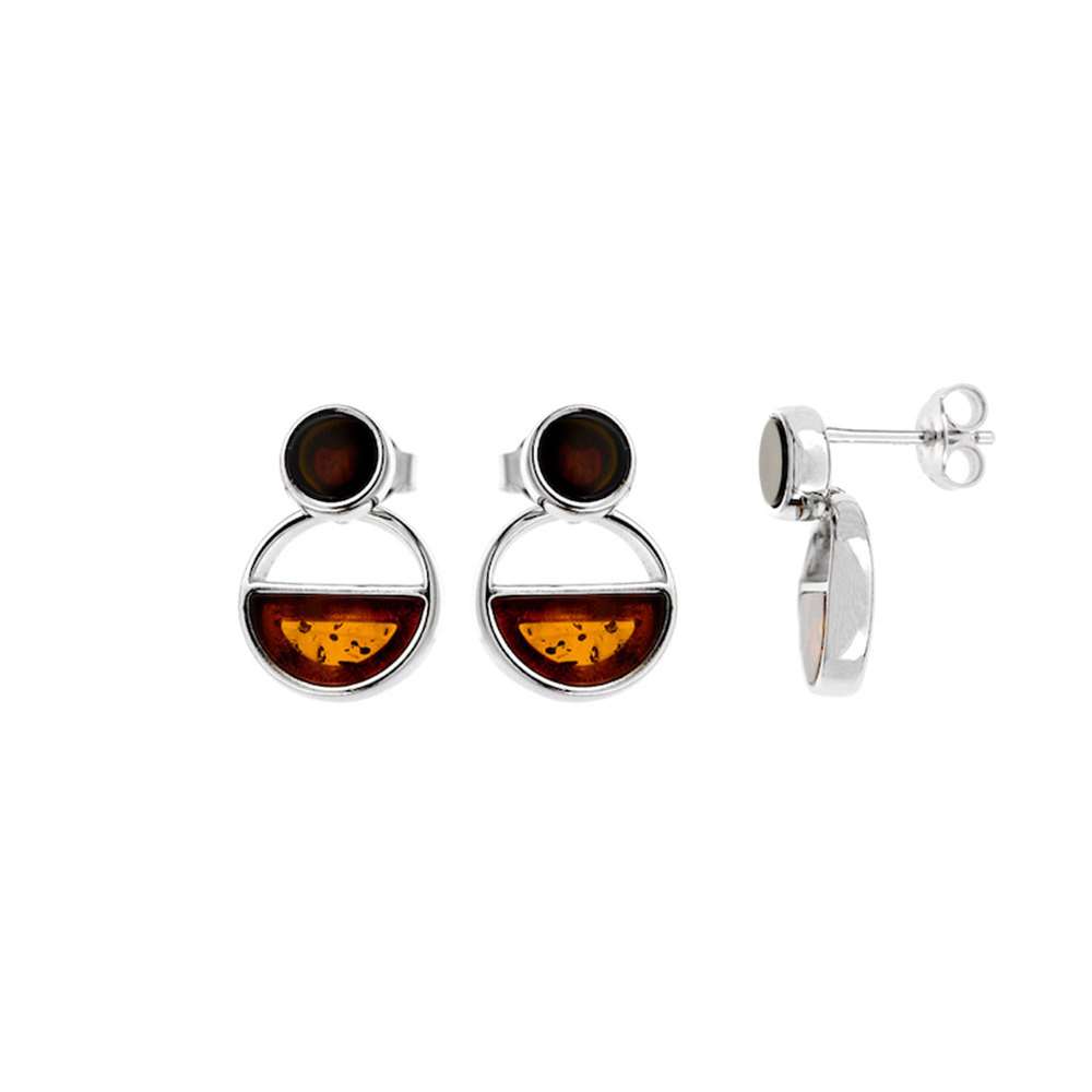 Boucles d'oreilles demi-cercle et rond Ambre cerise et cognac, argent 925/1000 rhodié (31318181)