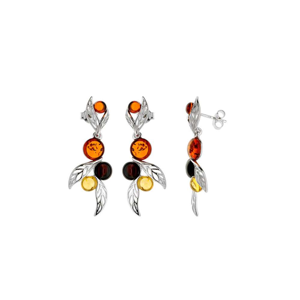 Pendantes pierres Ambre cognac, citrine et cerise avec feuilles argent 925/1000 rhodié (31318188)