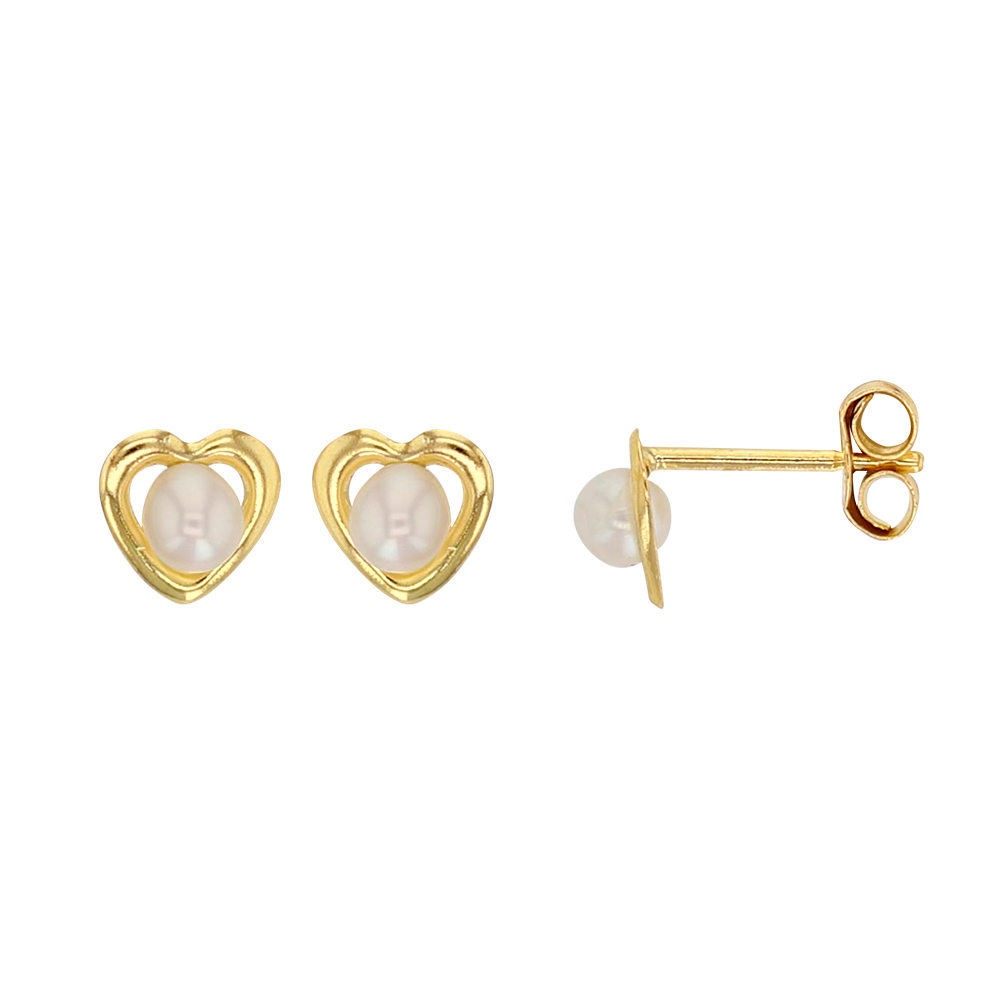 Boucles d'oreilles coeur en Or 750/1000 avec perle d'eau douce de 3mm (3030241)