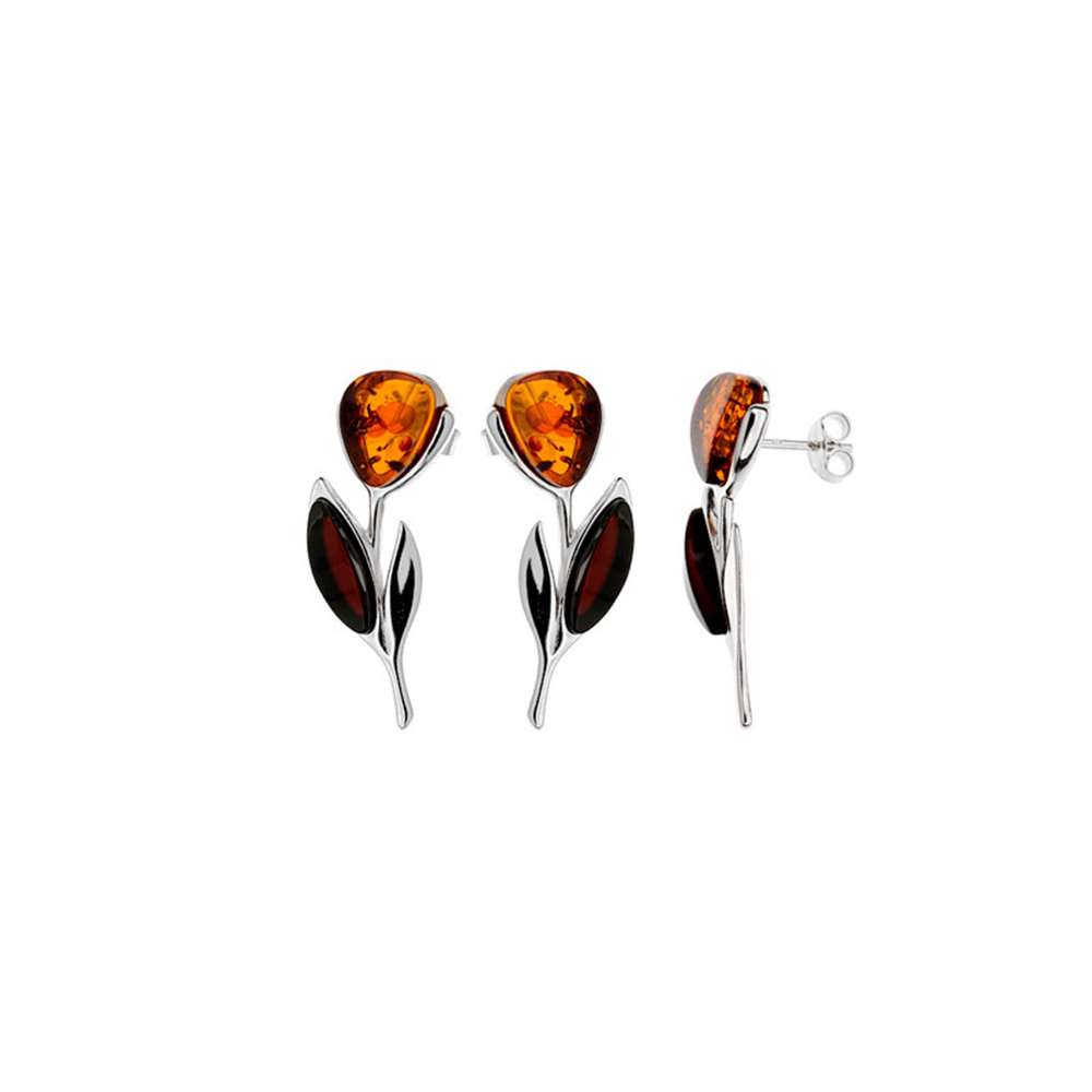 Boucles d'oreilles fleur en Ambre cognac et couleur cerise, argent 925/1000 rhodié (31318187)