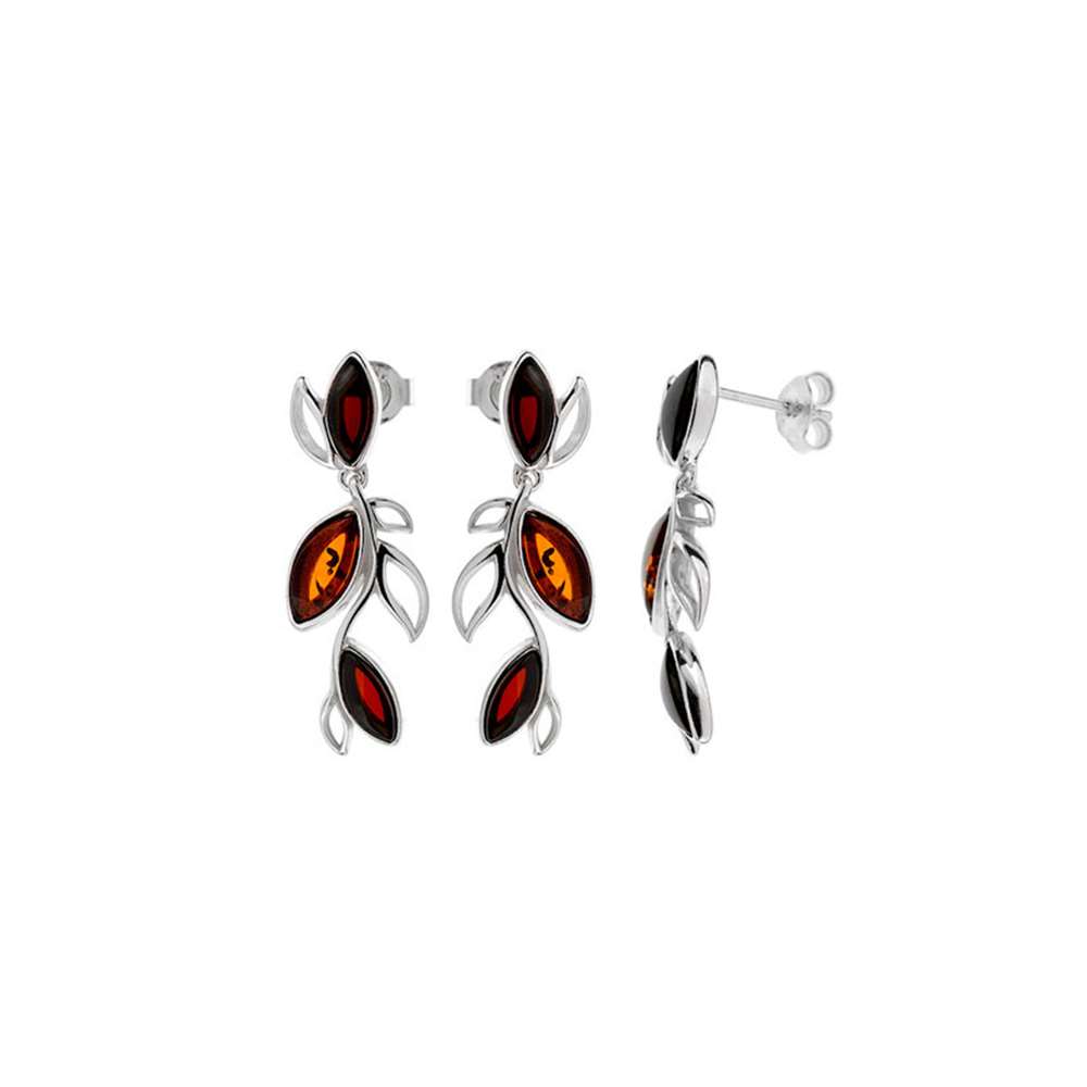 Boucles d'oreilles feuilles en Ambre cerise et cognac, argent 925/1000 rhodié (31318191)