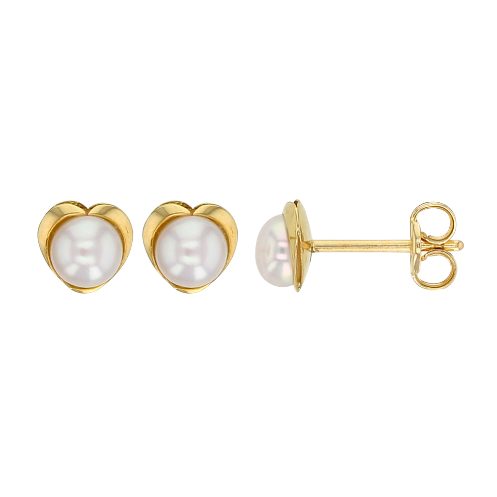 Boucles d'oreilles coeur en Or 750/1000 ornées d'une perle d'eau douce de 4mm (303090)