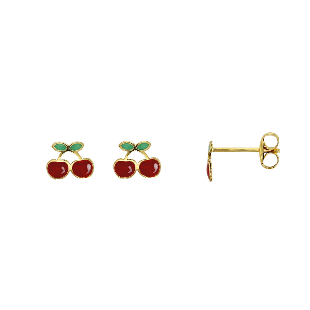 Boucles d'oreilles cerises puce en or 375/1000e et émail