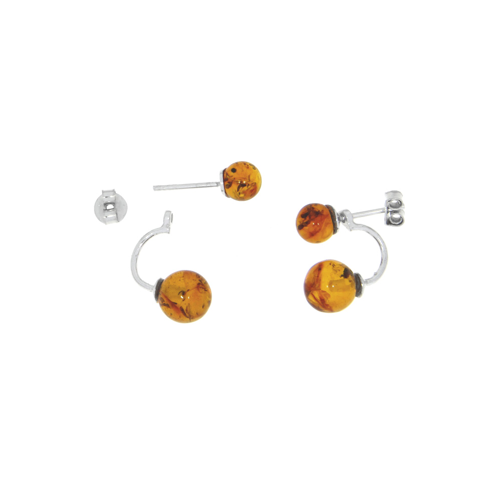 Boucles d'oreilles avec 2 boules en ambre couleur cognac, argent 925/1000 rhodié (3131663RH)