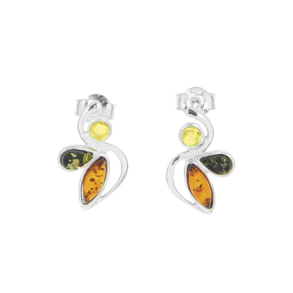 Boucles d'oreilles incurvée pierres ambre couleurs miel, citrine et vert, argent 925/1000 rhodié (3131656RH)