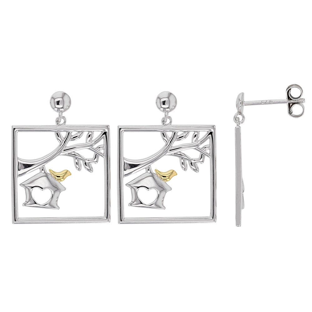 Boucles d'oreilles argent rhodié carré avec arbre, nichoir et oiseau plaqué or (313445)