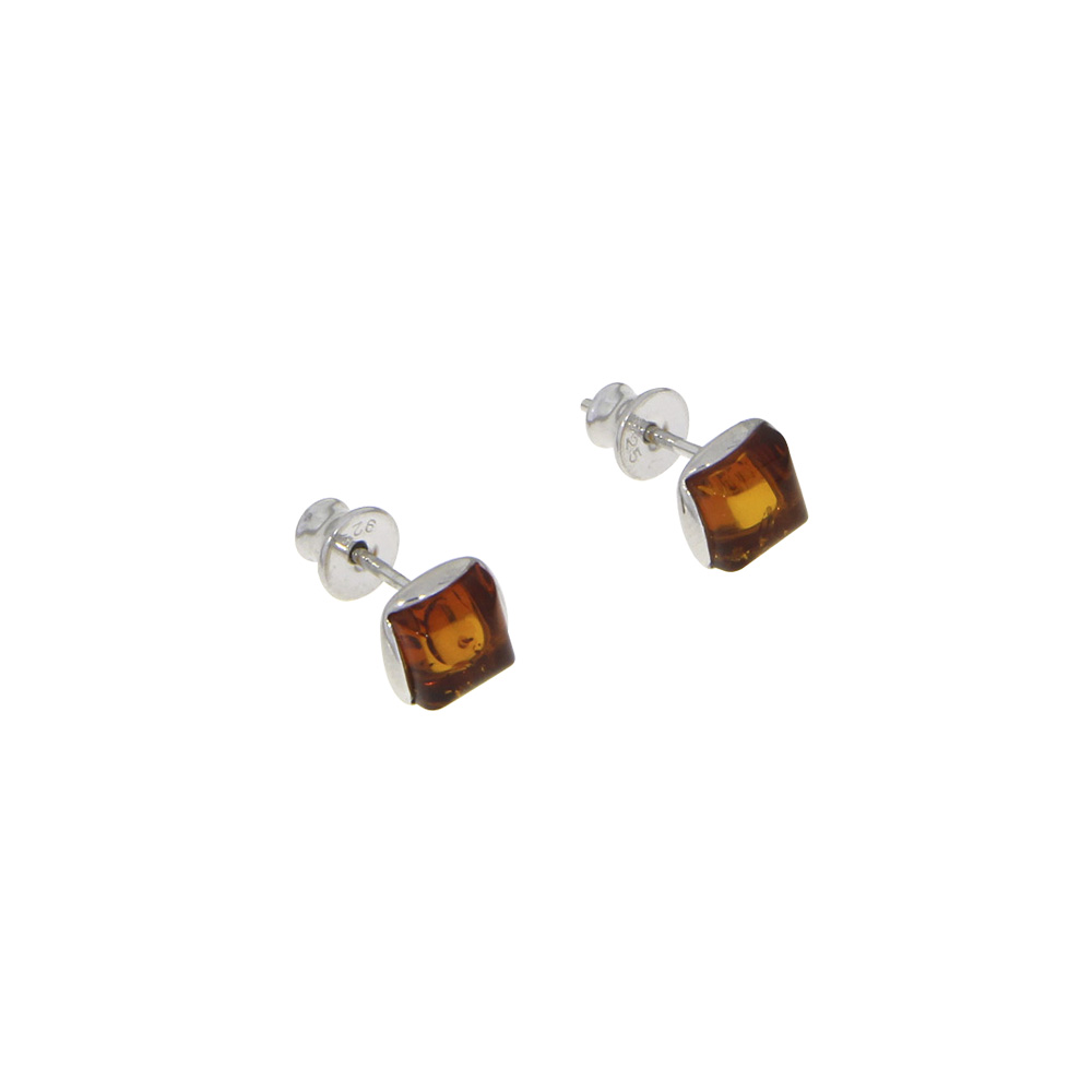 Boucles d'oreilles puces carrées en Ambre couleur cognac, argent 925/1000 rhodié (3131643RH)