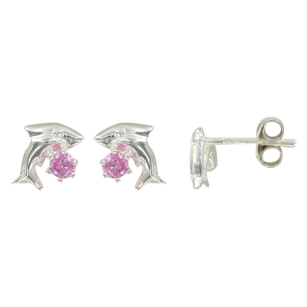 Boucles d'oreilles Dauphin - Oxyde de zirconium teinté rose - Argent  925/1000 rhodié - Enfant