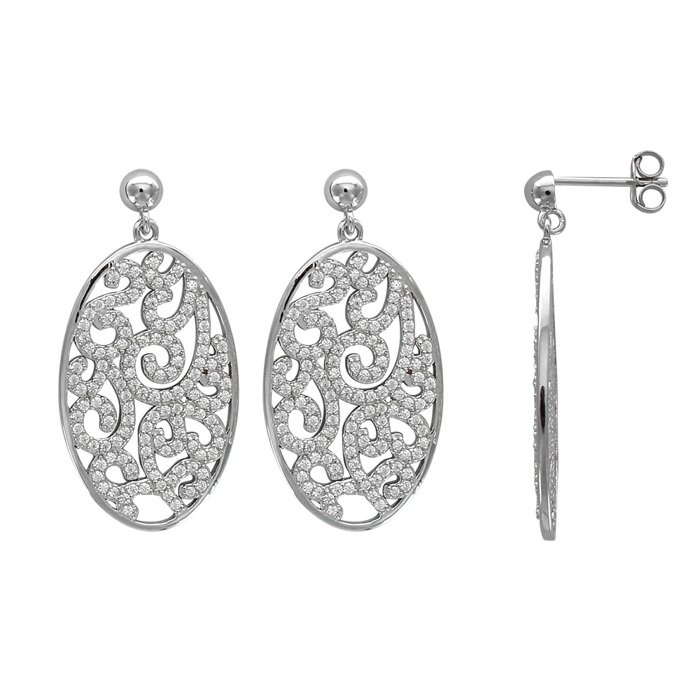 Boucles d'oreilles ovale motif 'Arabesques' oxydes de zirconium, argent 925/1000e rhodié