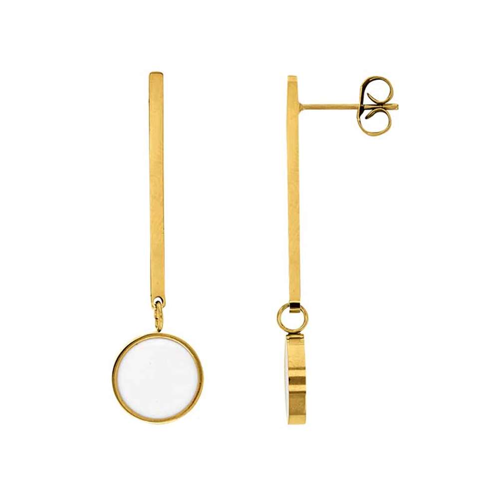 Boucles d'oreilles pendantes acier doré ornées d'un rond blanc émaillé (313025D)