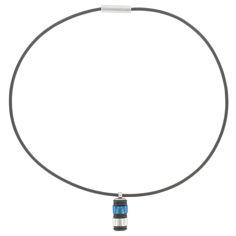 Collier cordon caoutchouc noir et pendentif acier bleu pour homme