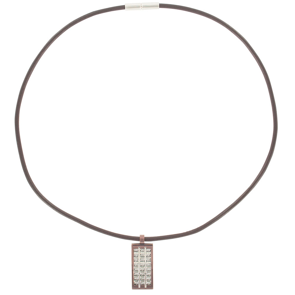 Collier cordon cuir d'équin noir et pendentif acier marron et carbone pour homme