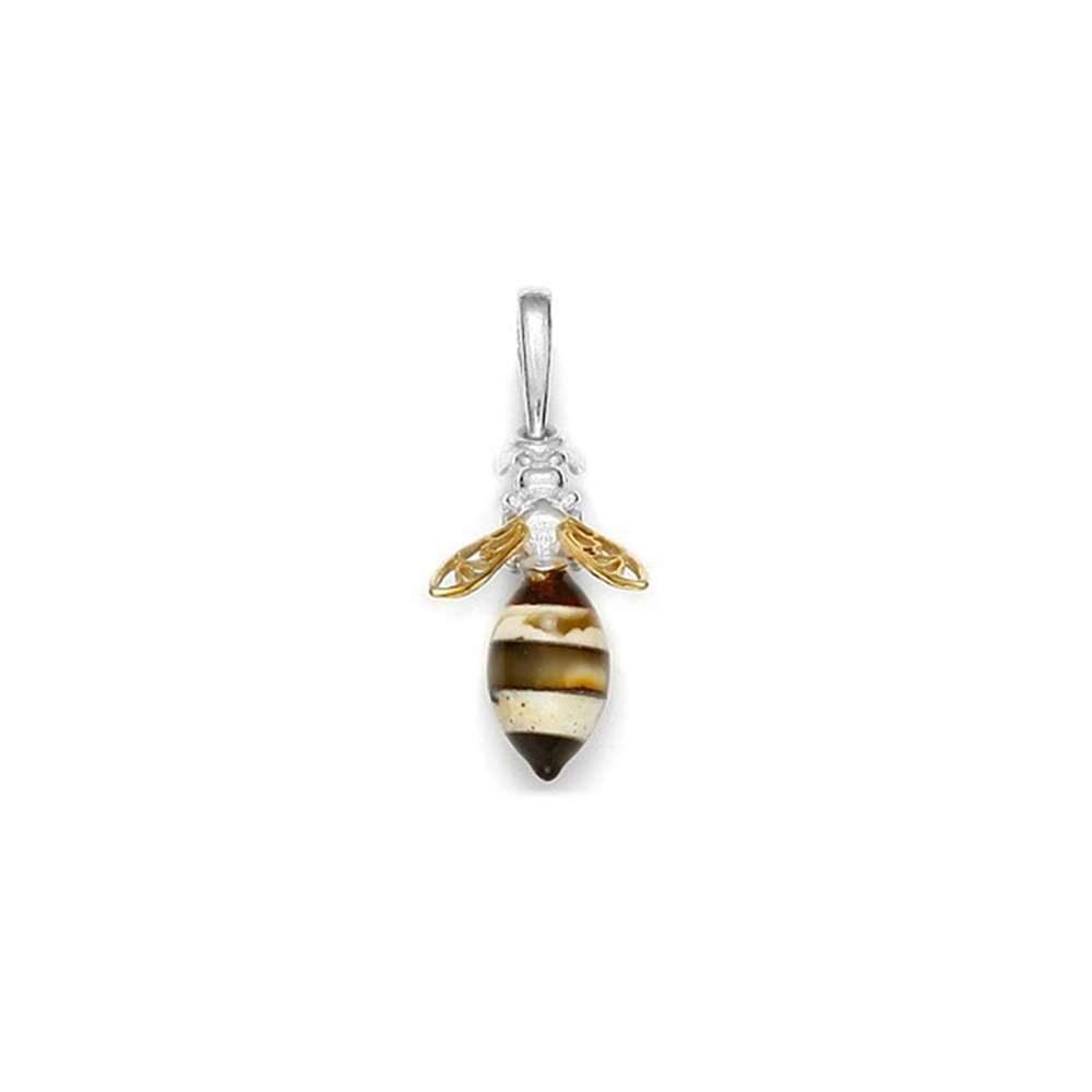 Pendentif abeille en ambre miel et cognac, argent 925/1000 rhodié et doré (31610537)