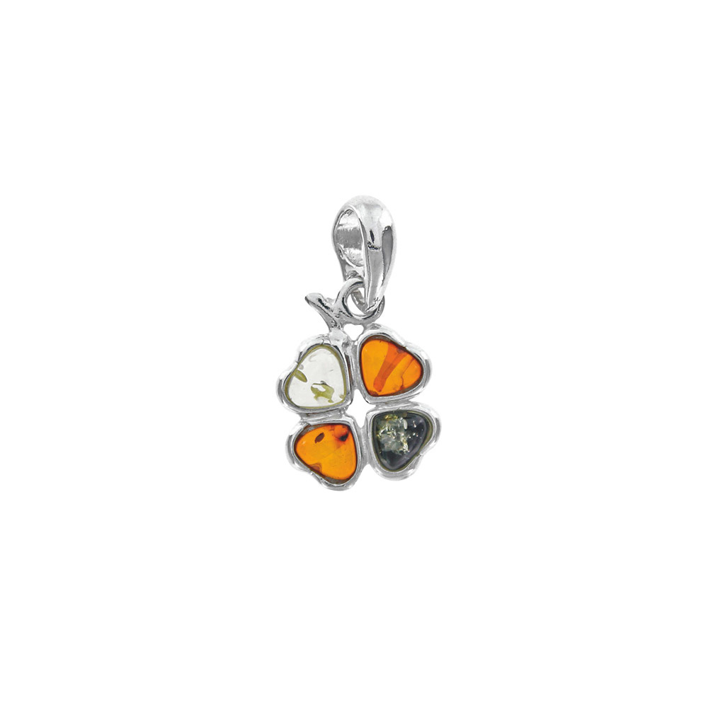 Pendentif fleur en forme de coeurs d'ambre et argent 925/1000 rhodié (31610226RH)