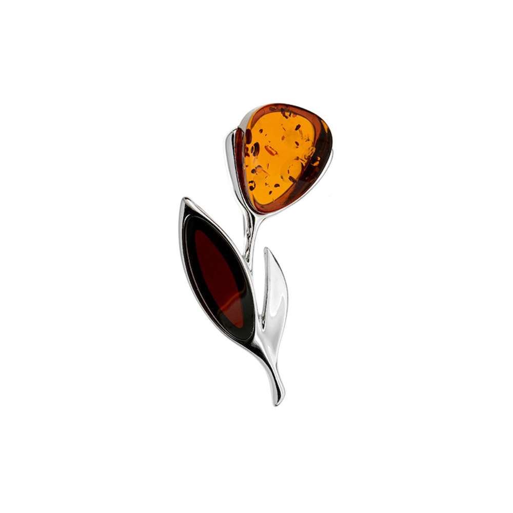 Pendentif fleur en Ambre cognac et couleur cerise, argent 925/1000 rhodié (31610524)