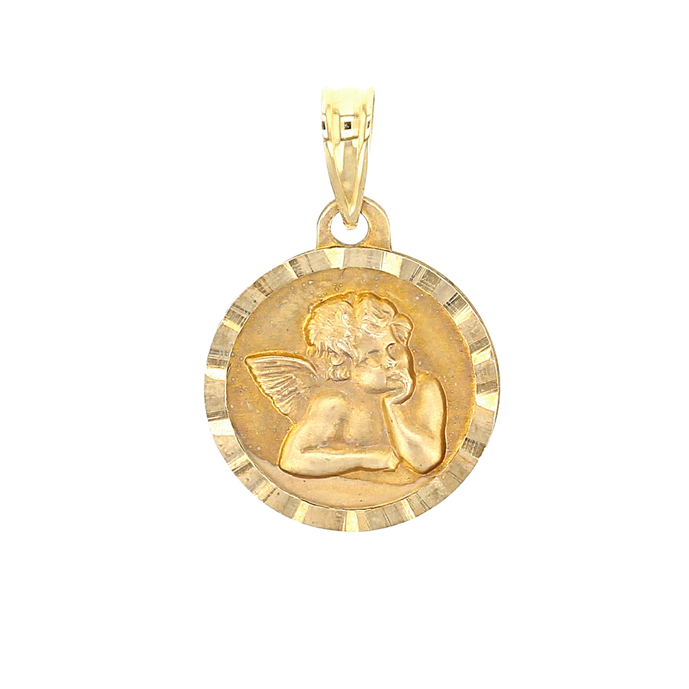 Médaille ronde en Or 750/1000 avec ange Raphaël pensif avec contour ciselé (305011)