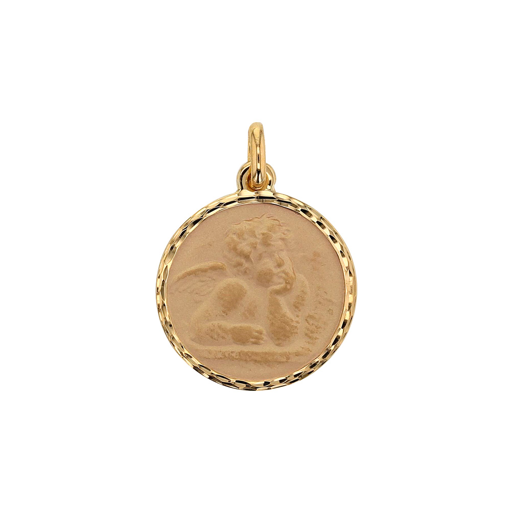 Médaille ronde Ange Raphaël avec bordure diamantée en Or 375/1000 (395030)