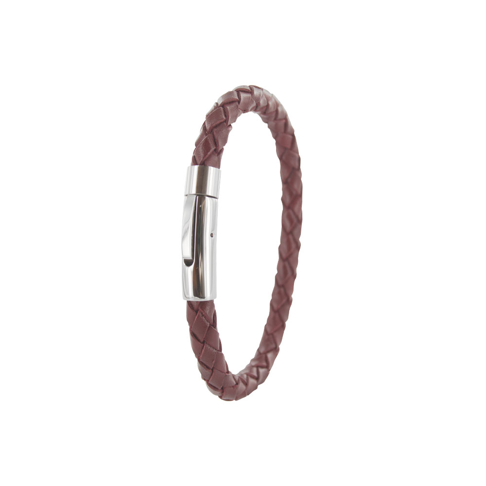 Bracelet acier et cuir - Bordeaux - Homme