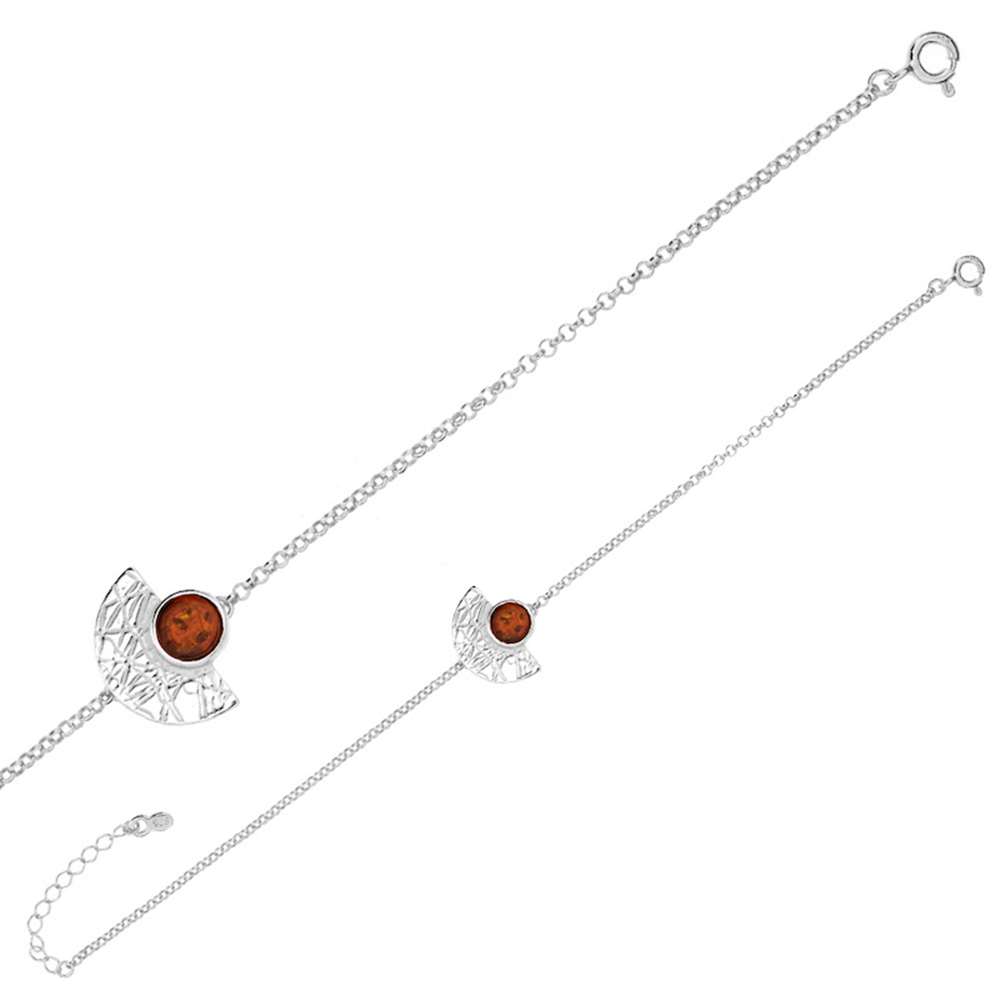 Bracelet demi-rond strié pierre ronde ambre et argent 925/1000 rhodié (31812796)
