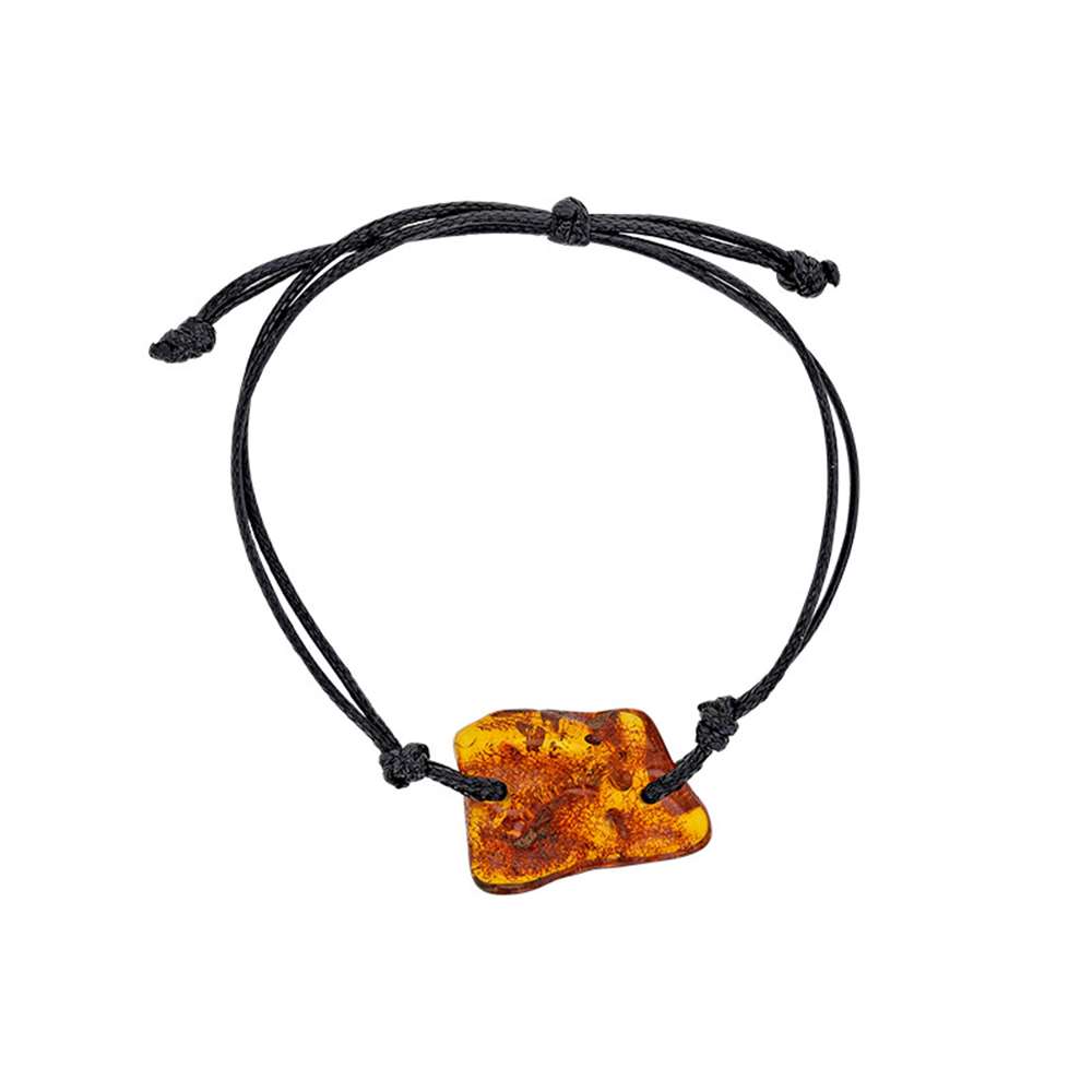 Bracelet réglable homme orné d'une pierre ambre cognac, cordon coton noir (3180032)