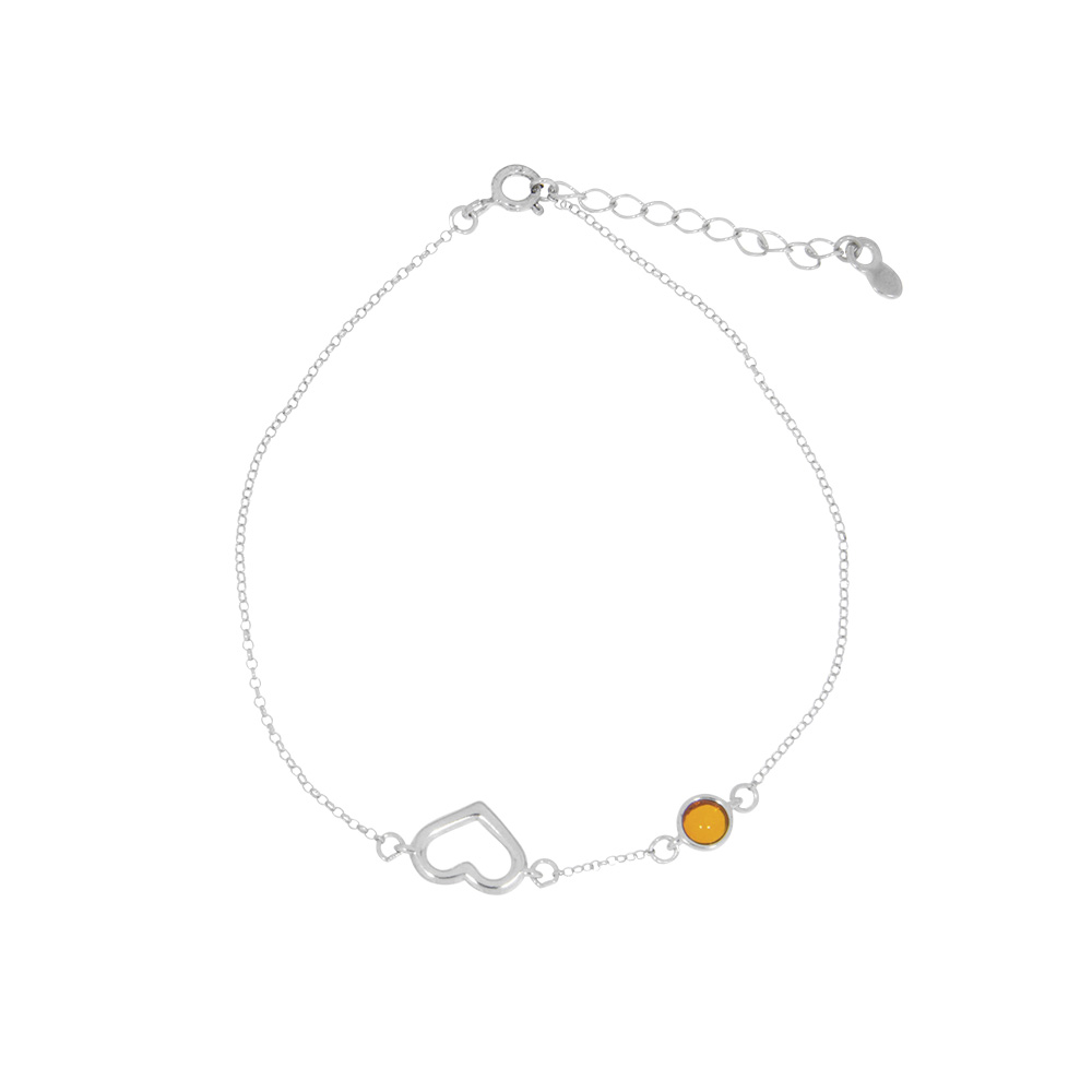 Bracelet fin avec boule ambre couleur miel et coeur ajouré en argent 925/1000 rhodié (31812558RH)