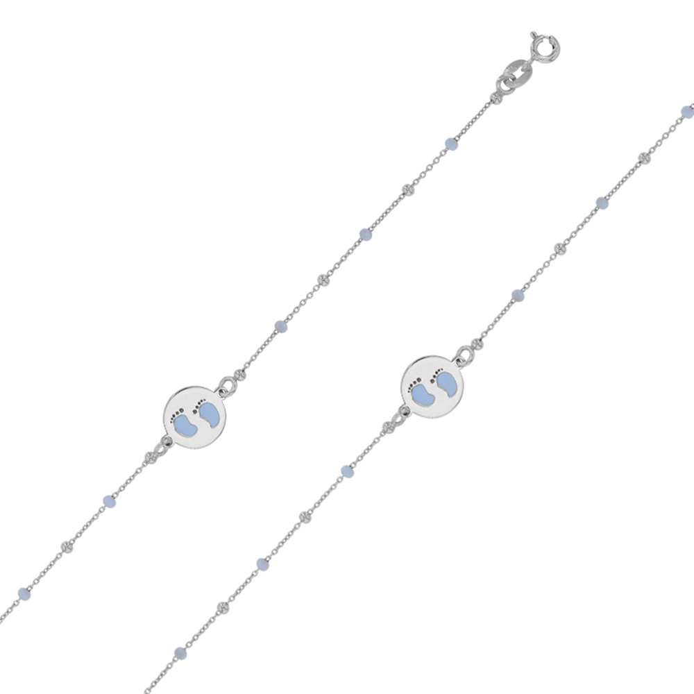 Bracelet médaille motif pieds émail bleu ciel, pierres synthétiques et argent 925/1000 rhodié (31812830T)