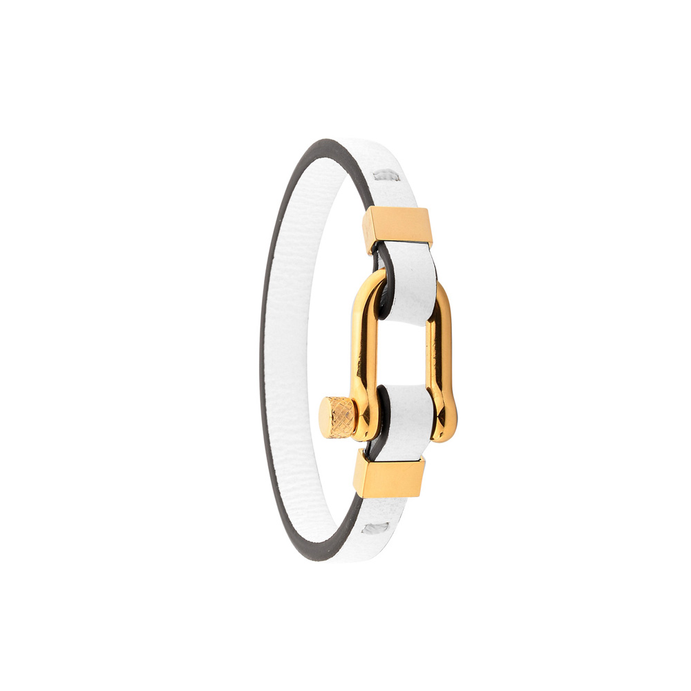 Bracelet mixte acier doré et cuir de veau italien pleine fleur blanc (318425BD)