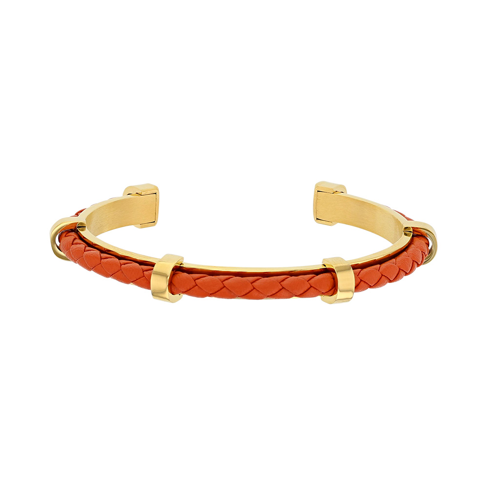 Bracelet ouvert en acier doré avec un cordon synthétique couleur corail (318028D)