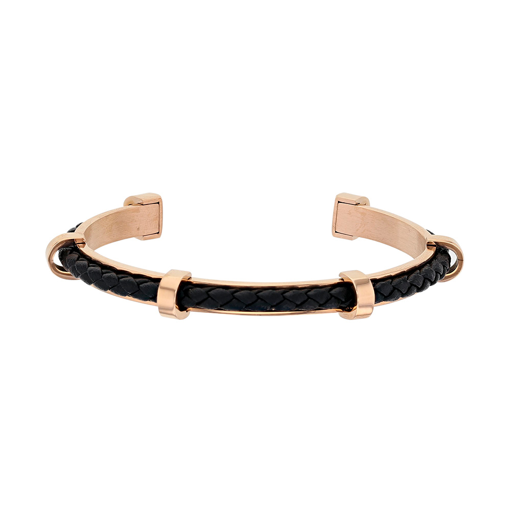 Bracelet ouvert en acier doré-rose avec un cordon synthétique noir (318028R)