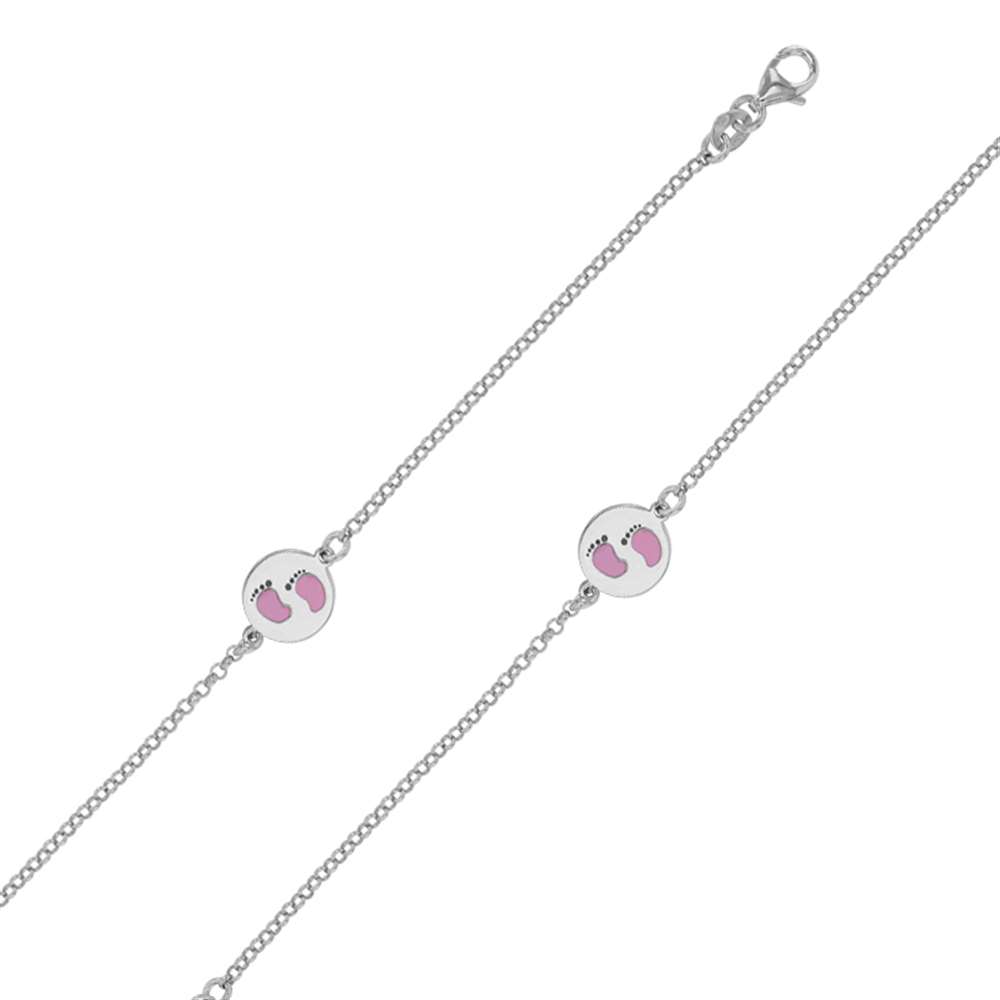 Bracelet médaille motif pieds émail rose et argent 925/1000 rhodié (31812831R)