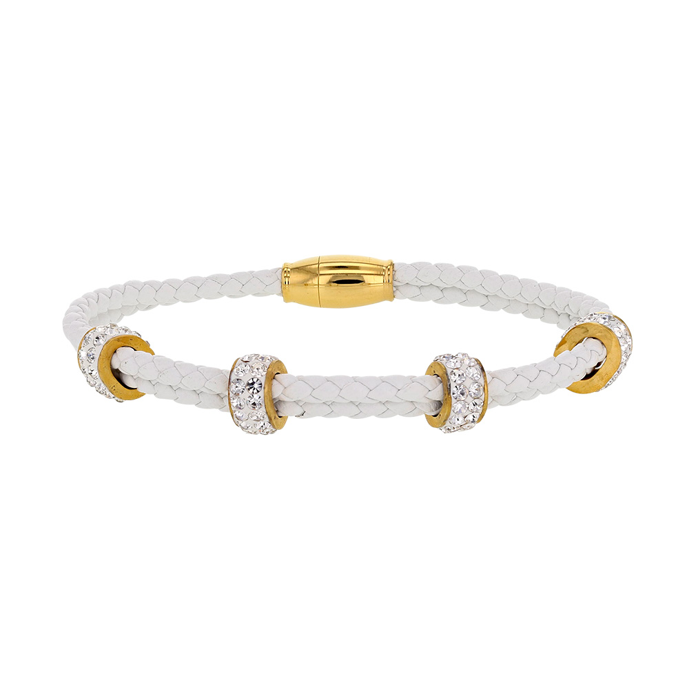 Bracelet en cordon synthétique blanc et perles acier doré ornées de pierres synthétiques (318029)