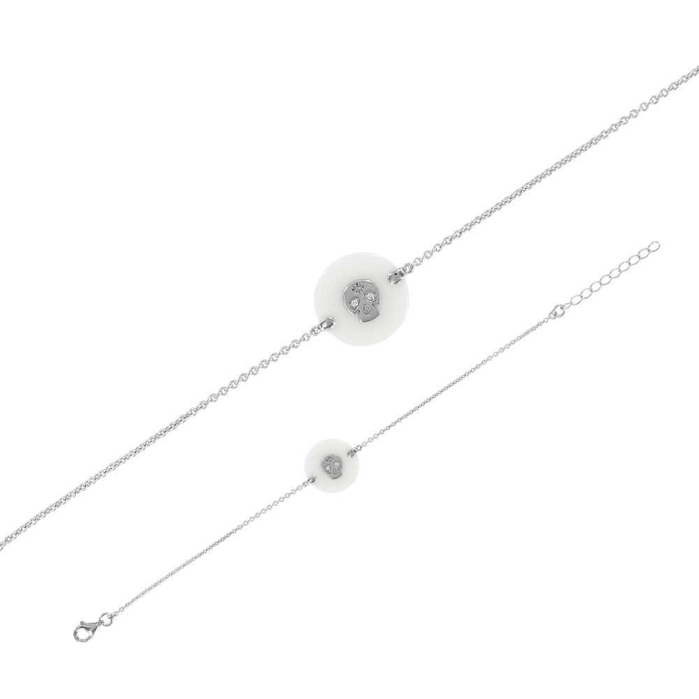 Bracelet céramique rond blanc avec motif tête argent 925/1000e rhodié et oxydes de zirconium