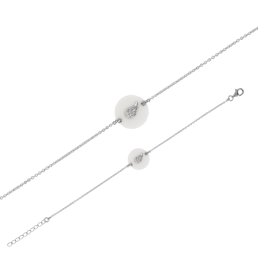 Bracelet céramique rond blanc avec motif aile argent 925/1000e rhodié et oxydes de zirconium