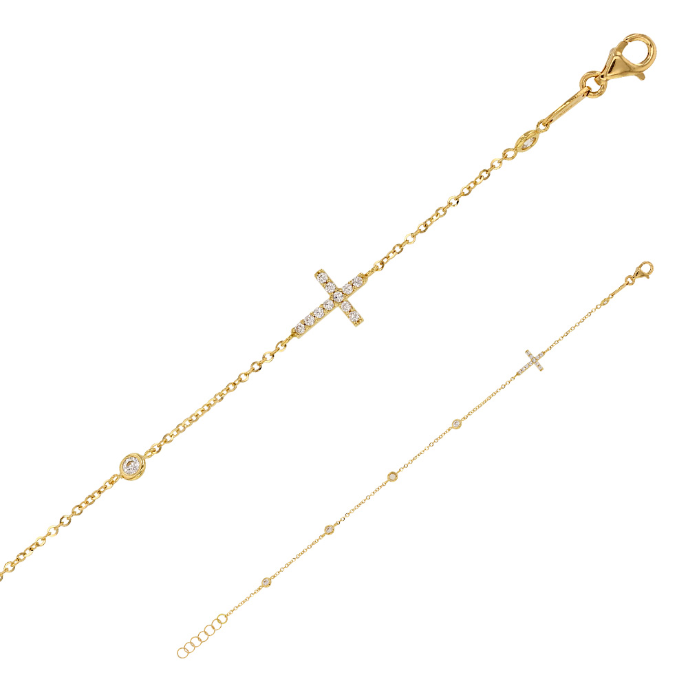 Bracelet Or 375/1000e avec petite croix et orné d'oxydes de zirconium, 18 cm (398047)