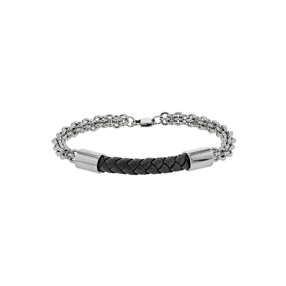 Bracelet chaîne en acier et tressé noir en cuir de bovin