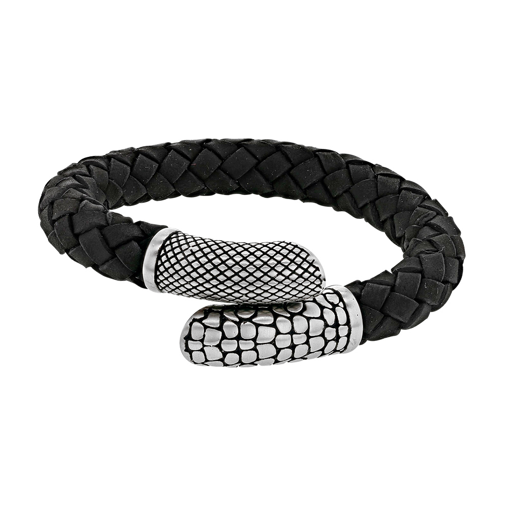 Bracelet Cuir de bovin tressé noir et acier mat  flexible (318326)