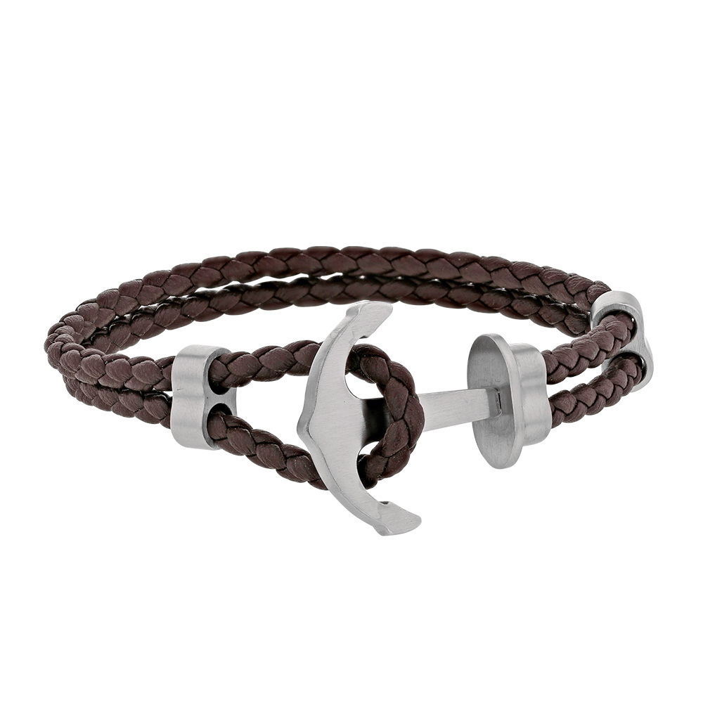 Bracelet croûte de Cuir de bovin finition nubuck tressé marron ancre marine acier (318210M)
