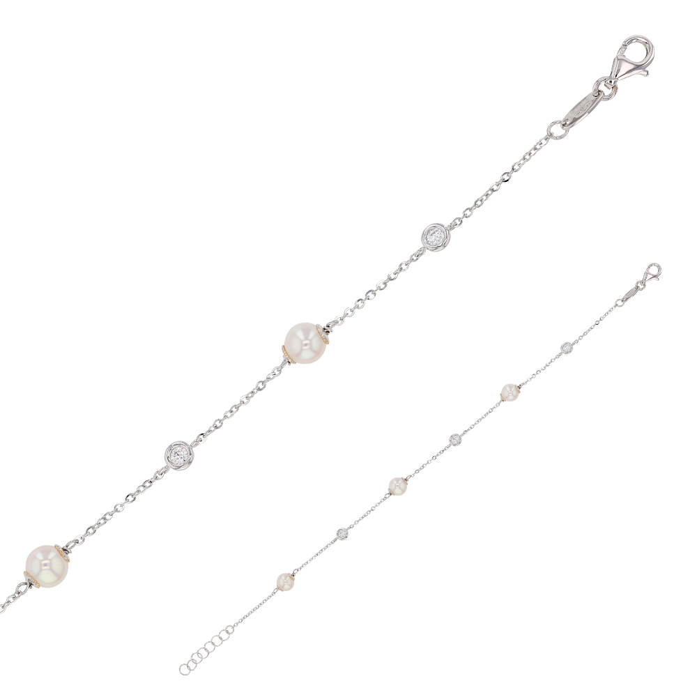 Bracelet Or blanc 375/1000e orné de perles d'eau douce et d'oxydes de zirconium