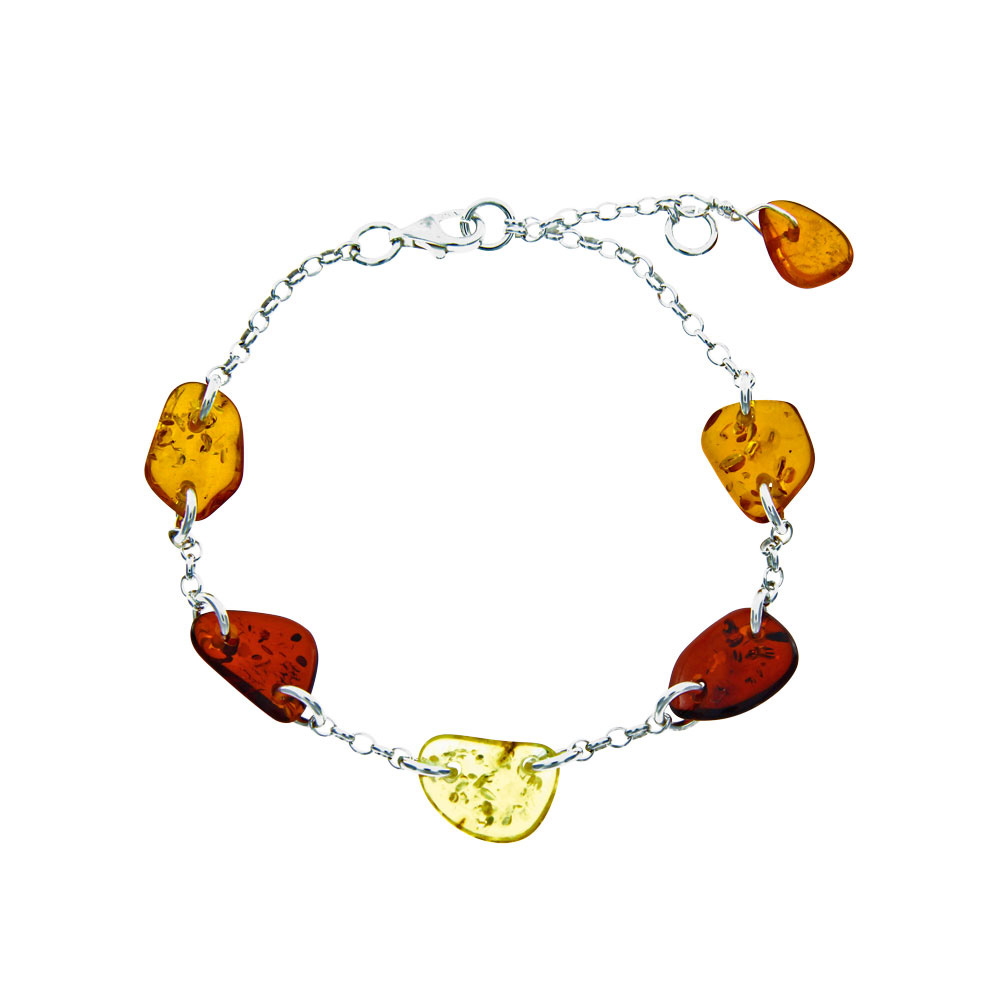Bracelet argent 925/1000 et pierres plates en Ambre couleurs cognac, citrine et cerise (3180977)