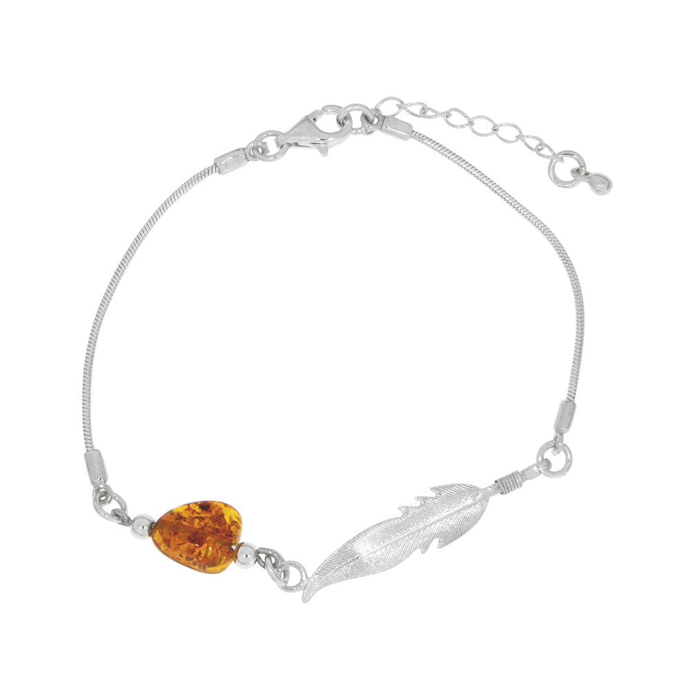 Bracelet ambre avec plume en argent 925/1000 rhodié, maille serpent (31812562RH)