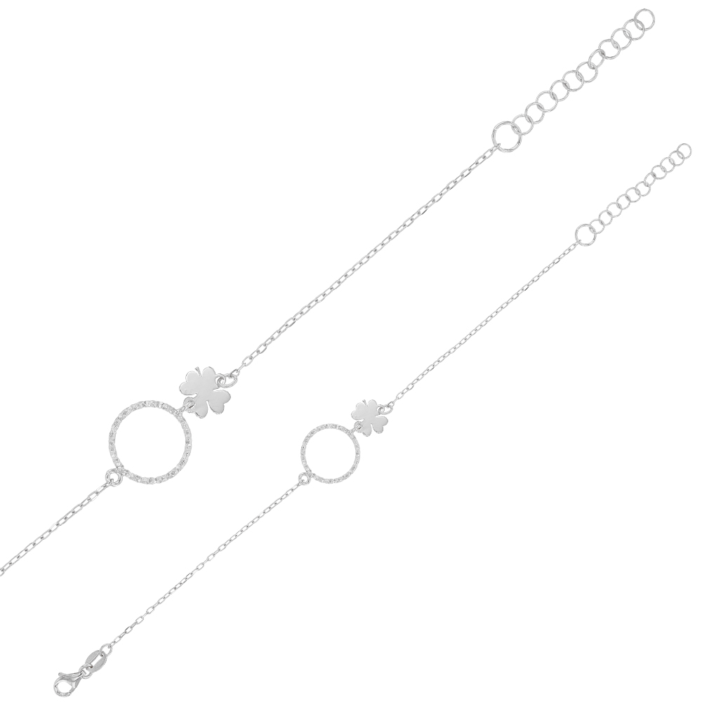 Bracelet avec cercle diamanté et trèfle en argent 925/1000 rhodié (31812667)