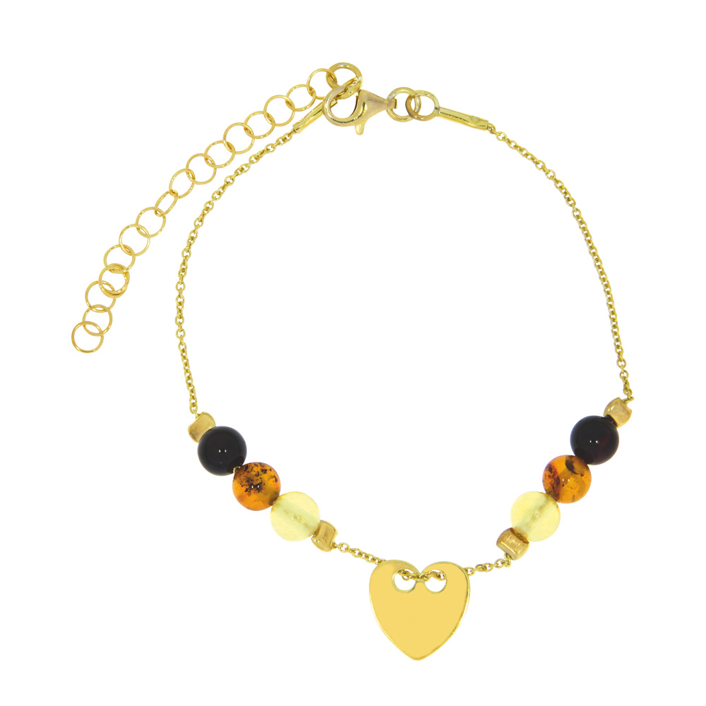 Bracelet argent doré orné de perles en ambre et d'une pampille coeur doré (31812552)