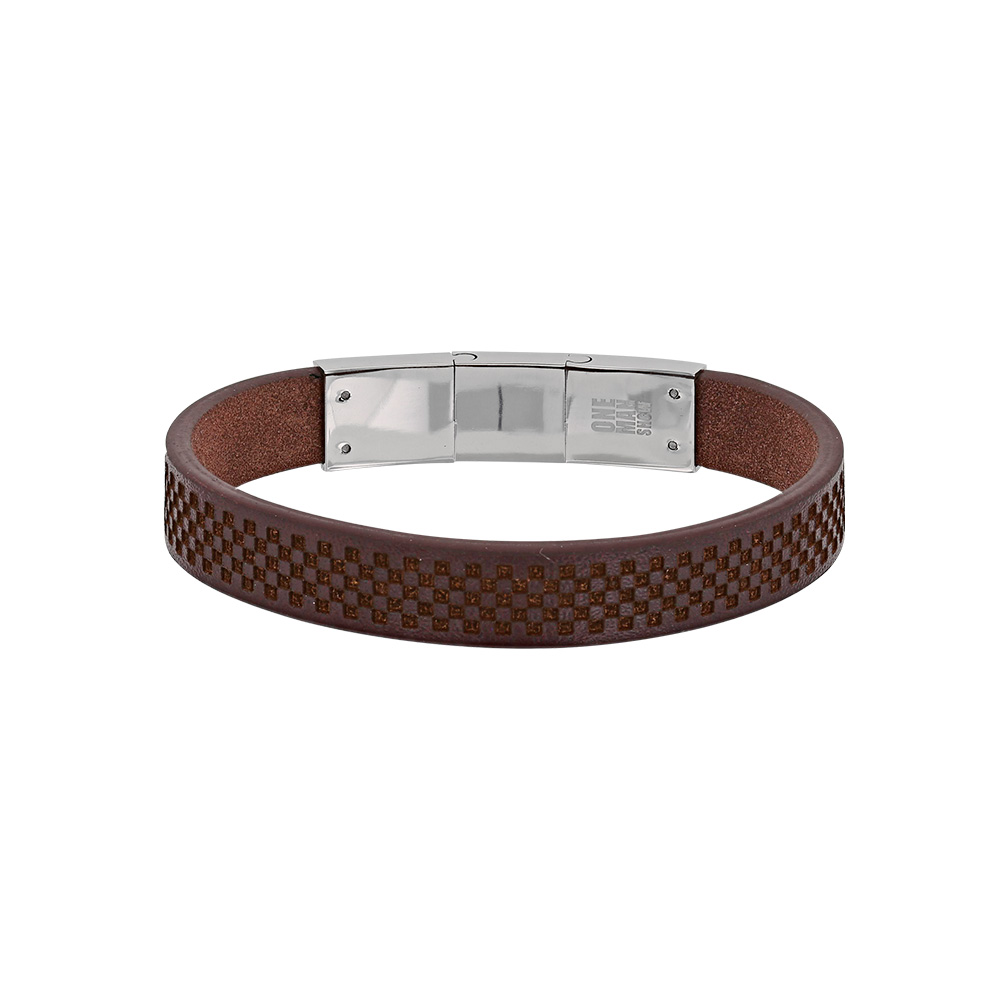 Bracelet cuir de bovin marron motif damier et fermoir acier (318046)