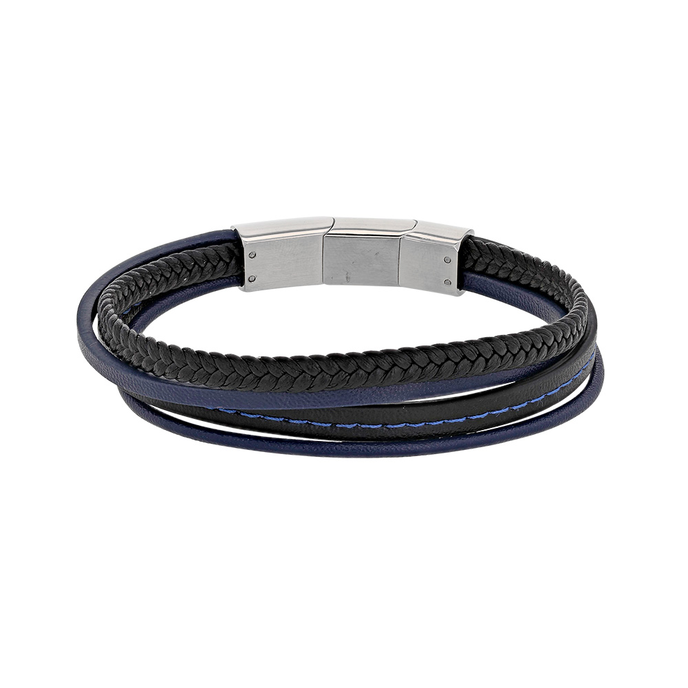 Bracelet 4 rangs en cuir de bovin bleu et noir avec fermoir en acier (318036)