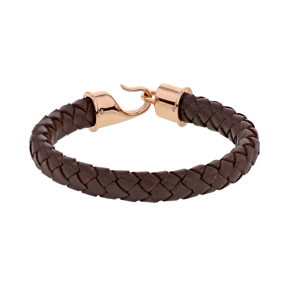 Bracelet tressé en cuir de bovin marron et fermoir à crochet en acier doré-rose (318026R)