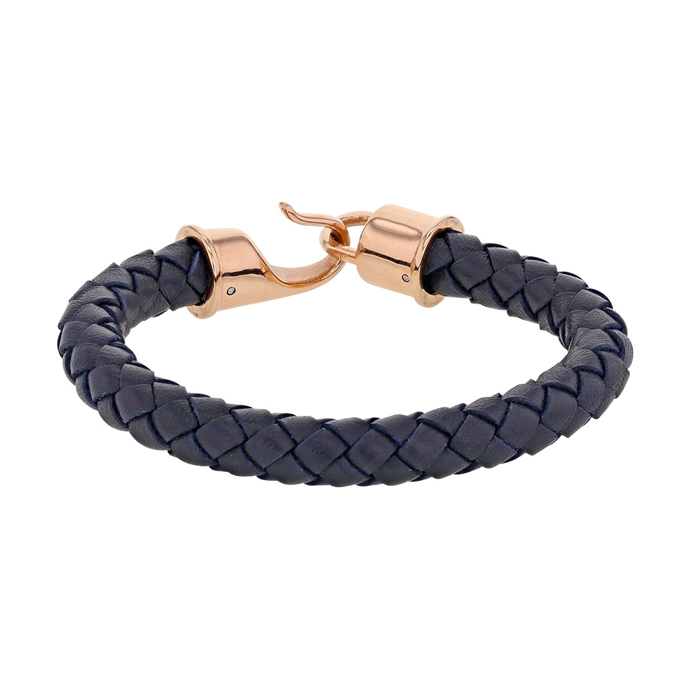 Bracelet tressé en cuir de bovin bleu et fermoir à crochet en acier doré-rose (318027R)