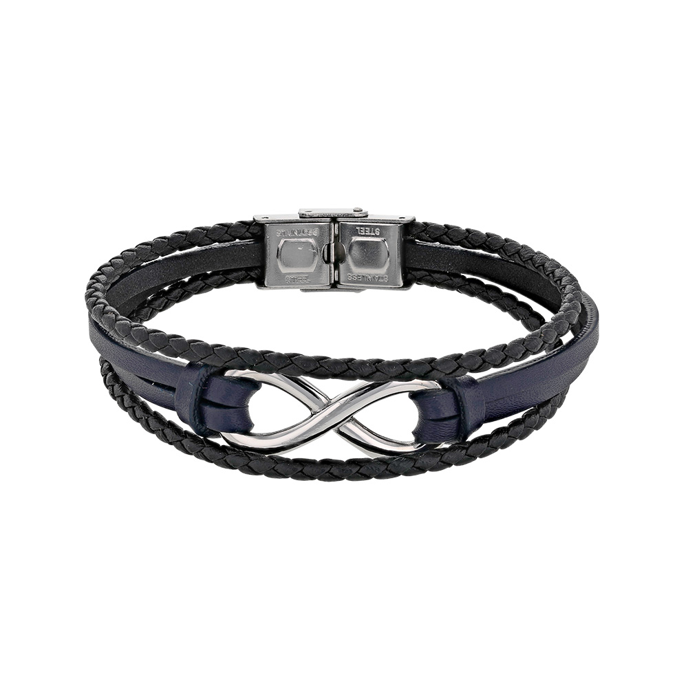 Bracelet cuir de bovin bleu et noir avec signe Infini et fermoir en acier (318037)