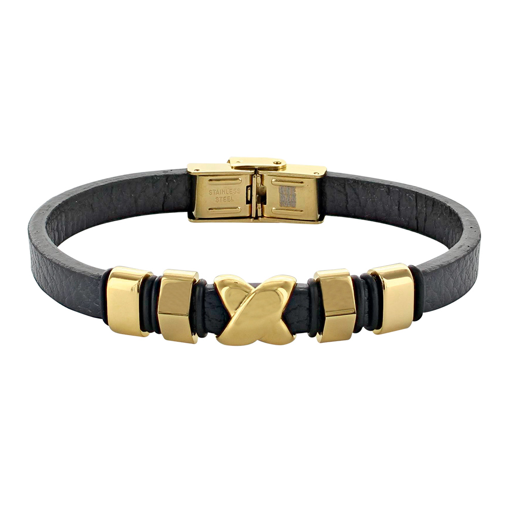 Bracelet cuir de bovin noir et acier doré avec une croix (318377)