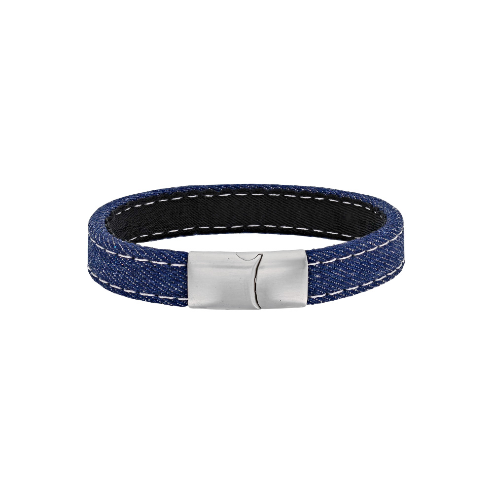 Bracelet tissu jean avec surpiqûres blanches et fermoir en acier mat (318073)