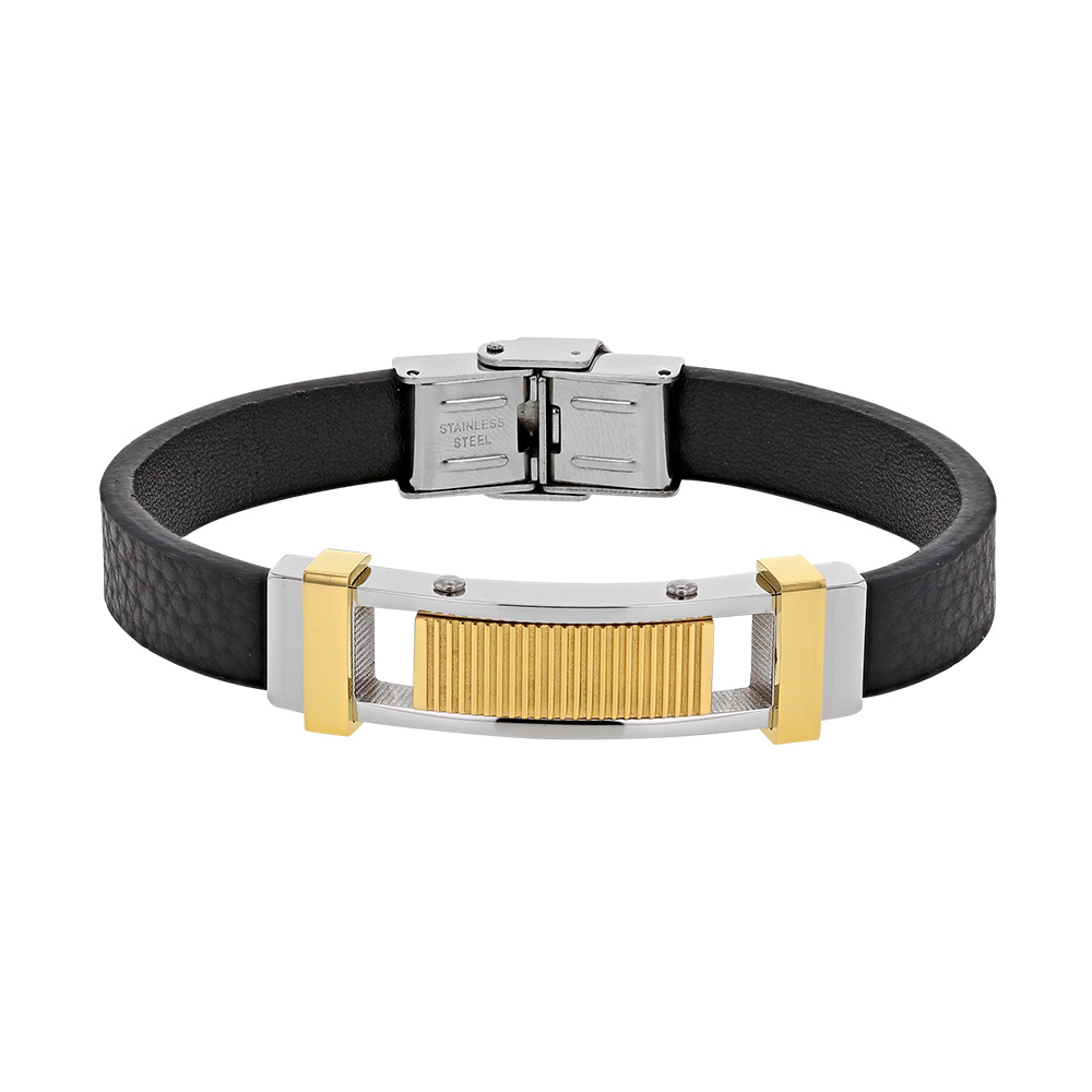 Bracelet croûte de cuir bovin noir et élément en acier doré (318206D)